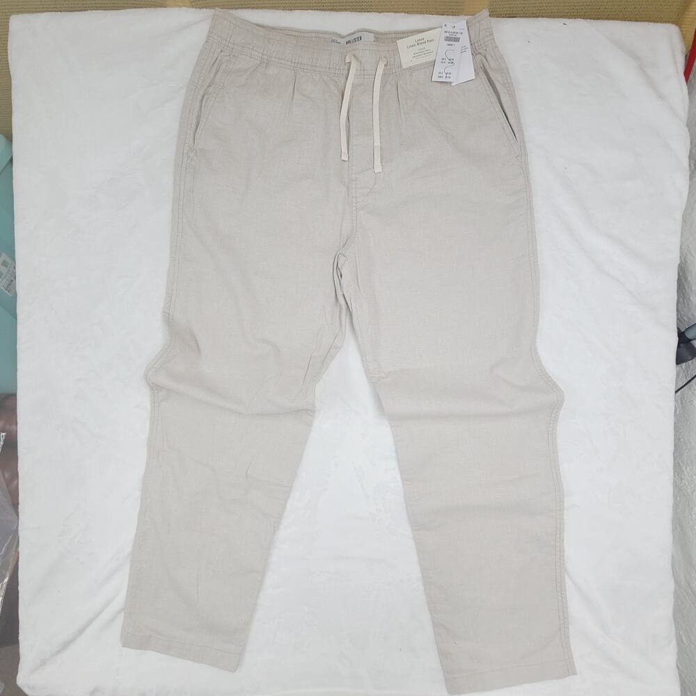 Hollister NWT Loose Linen Blend Pull On Pants Beige Drawstring Relaxed Fit